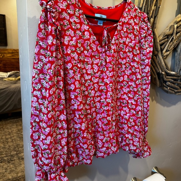 CeCe Tops - CeCe Red Floral Blouse with Pink Accents